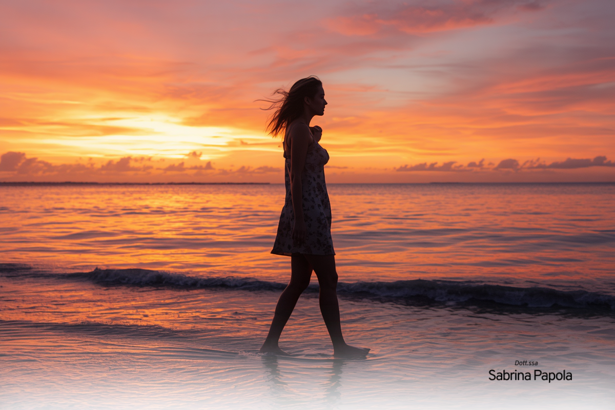 Donna che cammina serena lungo la riva al tramonto │ Sabrina Papola