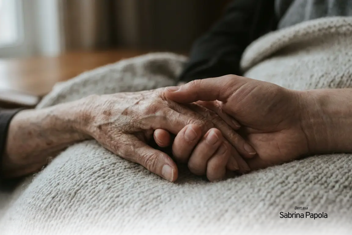Mano che stringe quella di una persona anziana sul bordo di un letto | Sabrina Papola