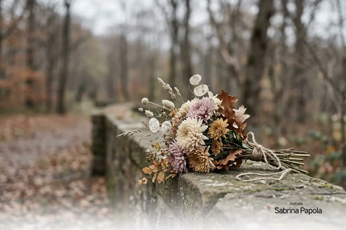 Mazzo di fiori autunnali appoggiato su un muretto di pietra | Sabrina Papola
